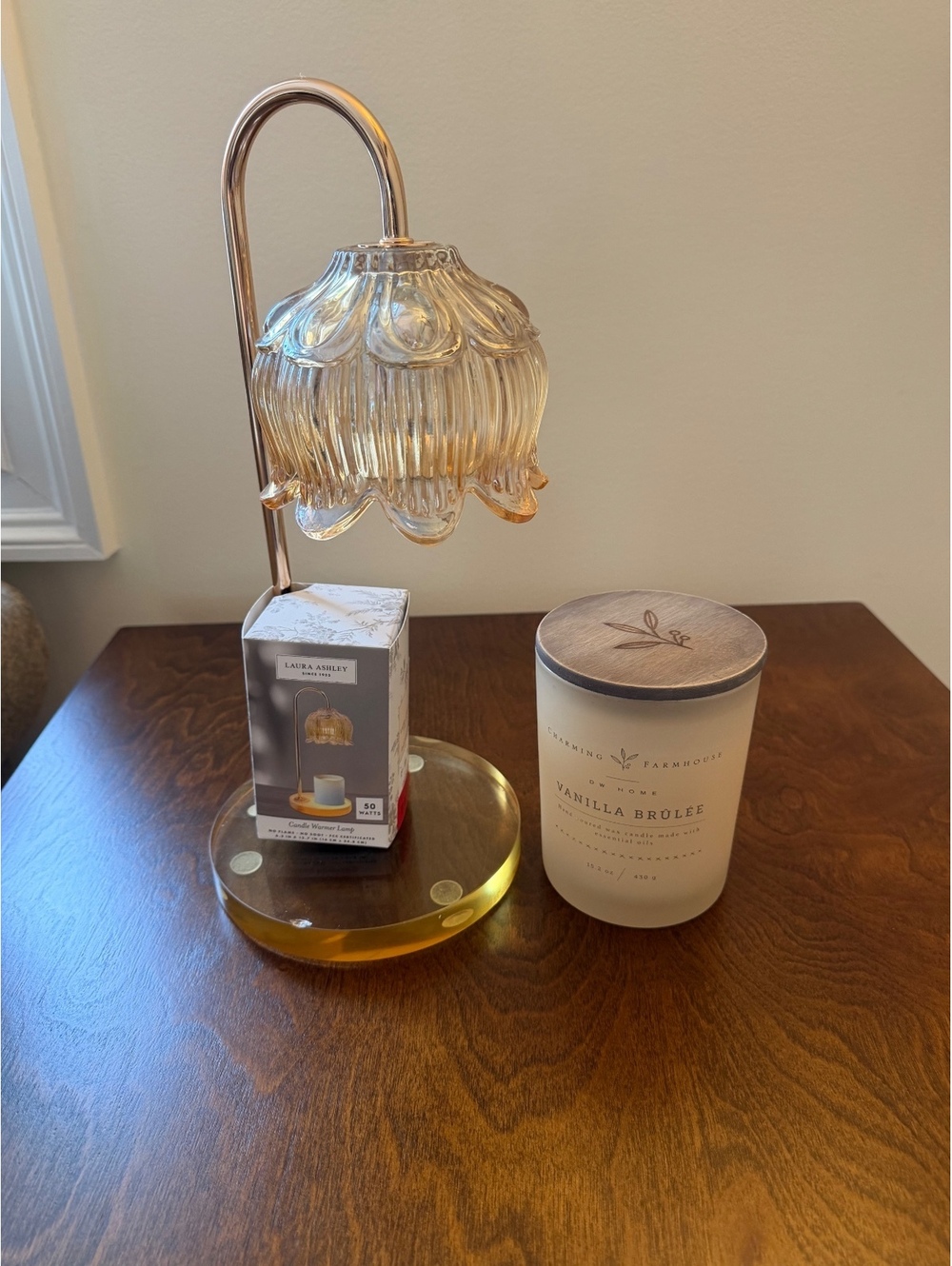 Vanilla Brûlée Scented Wooden Wick Candle with Laura Ashley Candle Warmer Lamp
